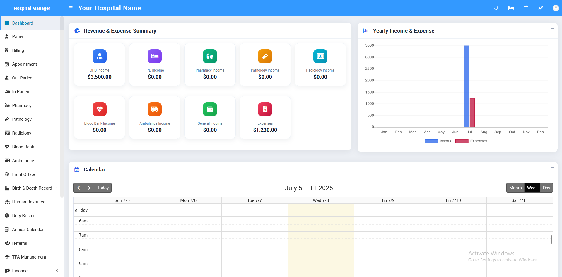 Tuksys Hospital Manager dashboard